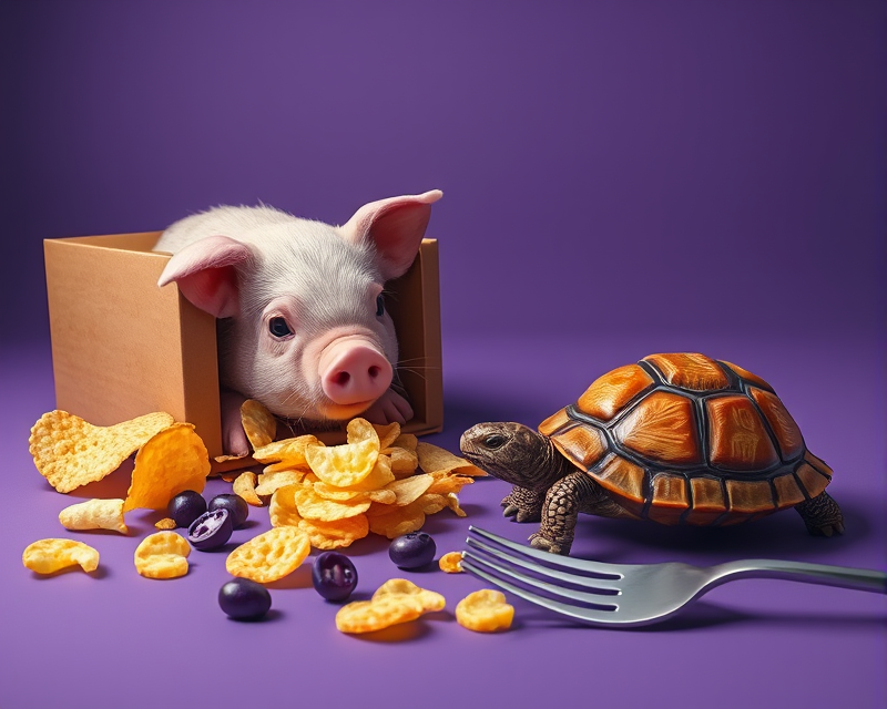 box, pig, potato chip, tortoise, fork, purple